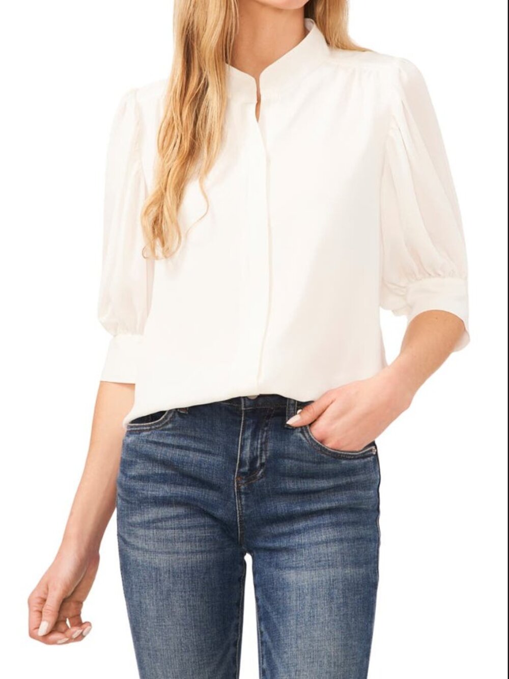 CECE Nordstrom White Puff Sleeve Hidden Placket Button Up Blouse Size M NWOT